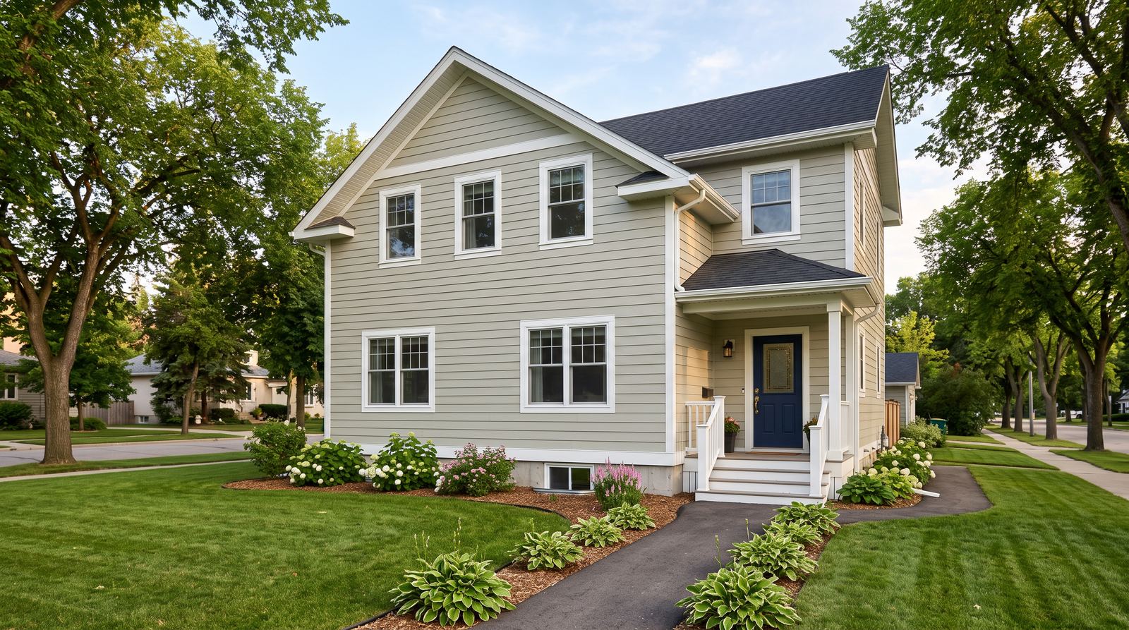 A two-storey family home on a tree-lined Winnipeg street, freshly painted: sage-grey siding, crisp white trim, and a navy front door.